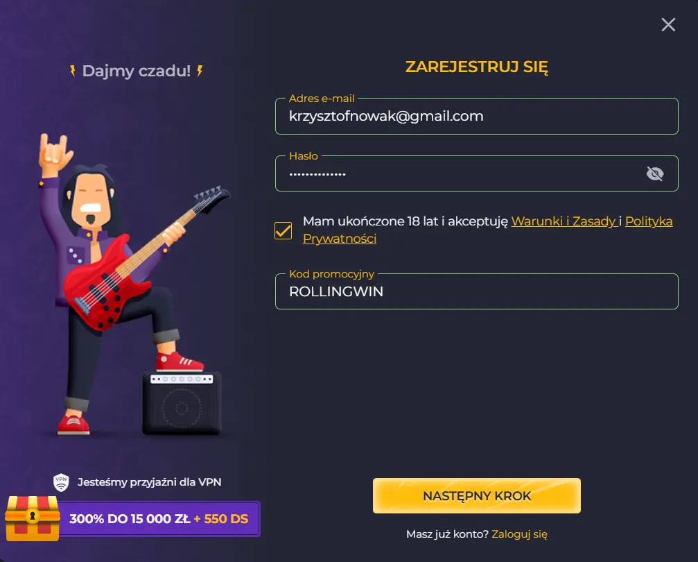 Formularz rejestracyjny w kasynie